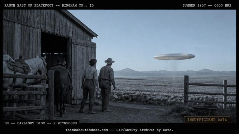 Dossier-style reconstruction of the summer 1957 Blackfoot Idaho daylight disc sighting showing two ranch witnesses outside a barn watching a large greyish-white cigar-shaped object hovering near ground level half a mile away across flat Snake River Plain ranchland in early morning light with the Bannock Range on the eastern horizon