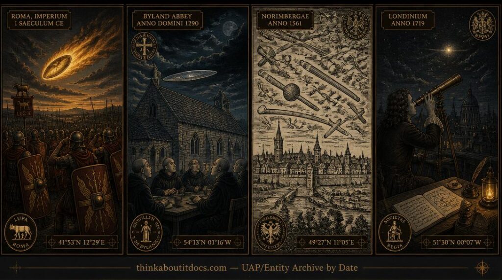 Four-panel dossier collage of pre-modern UFO and UAP sightings spanning Roman shields, Byland Abbey's discus, the Nuremberg aerial battle, and Royal Society astronomical observation, 0 CE to 1799 CE