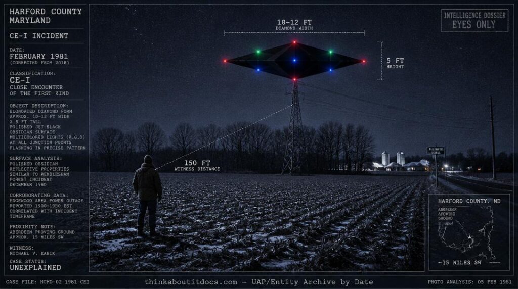 Intelligence dossier image for the February 1981 Harford County Maryland CE-I showing an elongated diamond-shaped craft with jet-black obsidian surface and multicolored junction lights hovering above a small power line tower in a frozen cornfield as a witness stands 150 feet away in the furrows