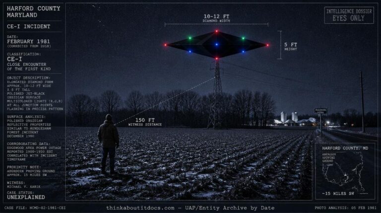 Intelligence dossier image for the February 1981 Harford County Maryland CE-I showing an elongated diamond-shaped craft with jet-black obsidian surface and multicolored junction lights hovering above a small power line tower in a frozen cornfield as a witness stands 150 feet away in the furrows