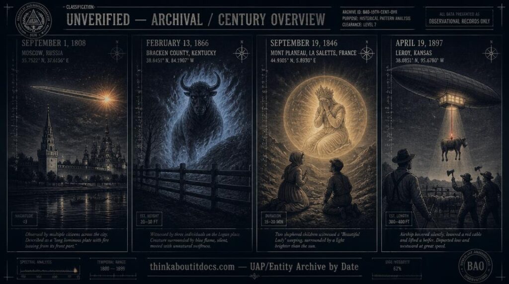 Four-panel intelligence archive illustration spanning the 19th century: the 1808 Moscow Kremlin luminous plate, the 1866 Bracken County Kentucky blue-fire entity, the 1846 La Salette apparition in the French Alps, and the 1897 Alexander Hamilton Kansas cattle abduction by airship