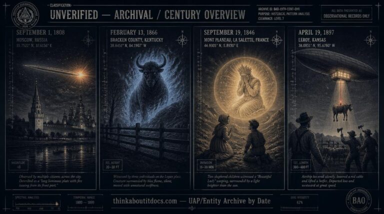Four-panel intelligence archive illustration spanning the 19th century: the 1808 Moscow Kremlin luminous plate, the 1866 Bracken County Kentucky blue-fire entity, the 1846 La Salette apparition in the French Alps, and the 1897 Alexander Hamilton Kansas cattle abduction by airship