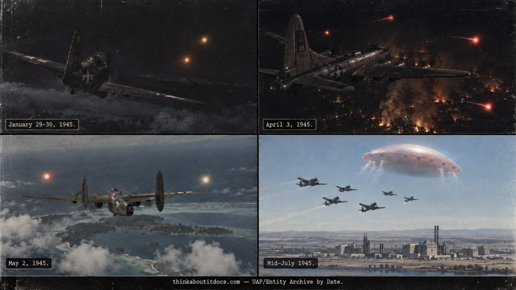 Four-panel collage of 1945 UFO cases: the Travel 34 Foofighter over Germany, Kawasaki balls of fire, Fala Island Truk Atoll, and the Hanford intercept