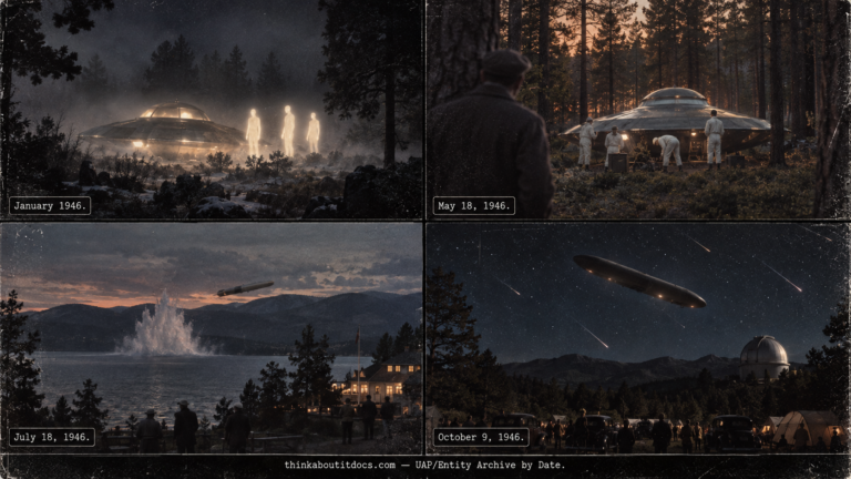 Four-panel collage of 1946 UFO cases: the Flagstaff missing-time encounter, the Ängelholm disc, the Lake Mjøsa ghost rocket, and the Palomar Mountain sighting
