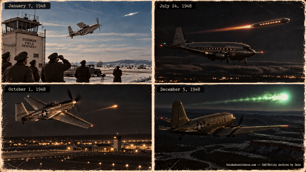 1948 UFO sightings by month collage: the Mantell chase, the Chiles-Whitted airliner encounter, the Gorman dogfight and the New Mexico green fireballs