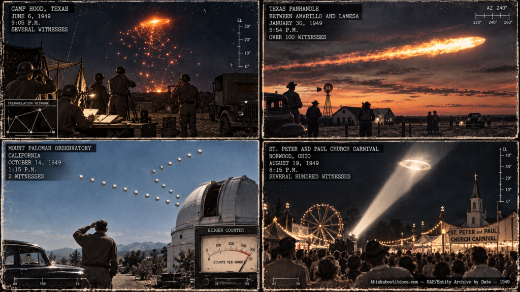 Four-panel collage of 1949 UFO cases: the Camp Hood triangulation network, the Amarillo to Lamesa fireball, the Mount Palomar V-formation and the Norwood searchlight disc