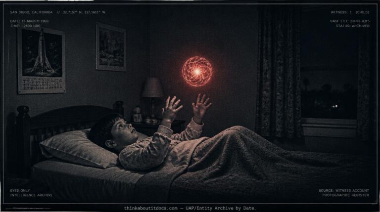 Dossier-style illustration of the 1963 San Diego, California account showing a child reaching toward a small glowing orb of swirling red and orange energy hovering above a bed at night