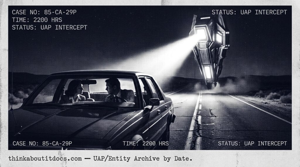 Dossier-style illustration of the 1985 Twentynine Palms, California account showing two people in a car watching an angular metallic craft descend vertically over a dark desert highway