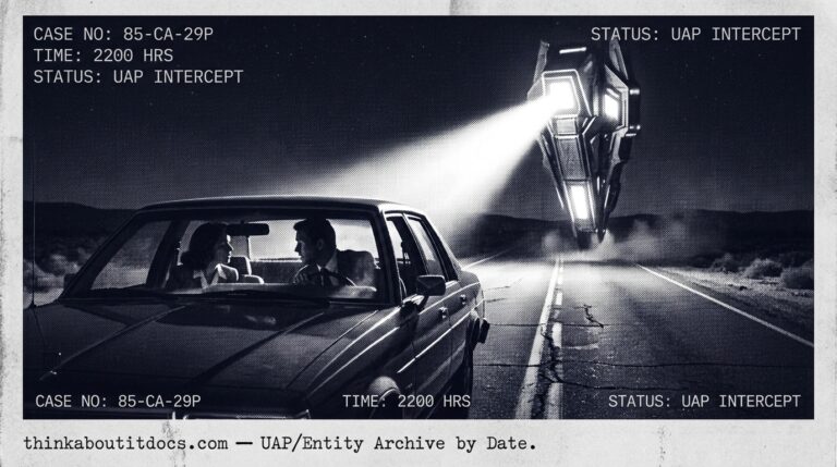 Dossier-style illustration of the 1985 Twentynine Palms, California account showing two people in a car watching an angular metallic craft descend vertically over a dark desert highway