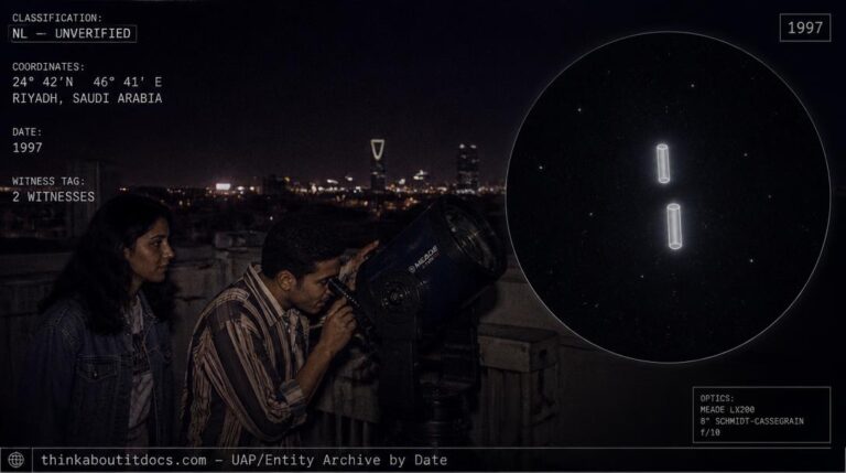 Telescopic view of two neon-white cylindrical UFOs stacked vertically over Riyadh, Saudi Arabia in 1997