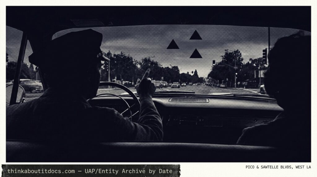Dossier-style illustration of the 2000 West Los Angeles sighting showing a driver looking up through a windshield at three silent black triangular objects hovering overhead at dusk
