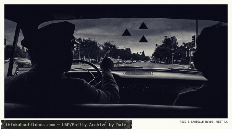 Dossier-style illustration of the 2000 West Los Angeles sighting showing a driver looking up through a windshield at three silent black triangular objects hovering overhead at dusk