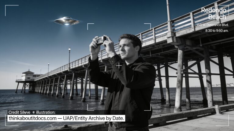 Dossier-style illustration of the 2007 Redondo Beach, California sighting showing a witness photographing a small silver disc hovering near the pier