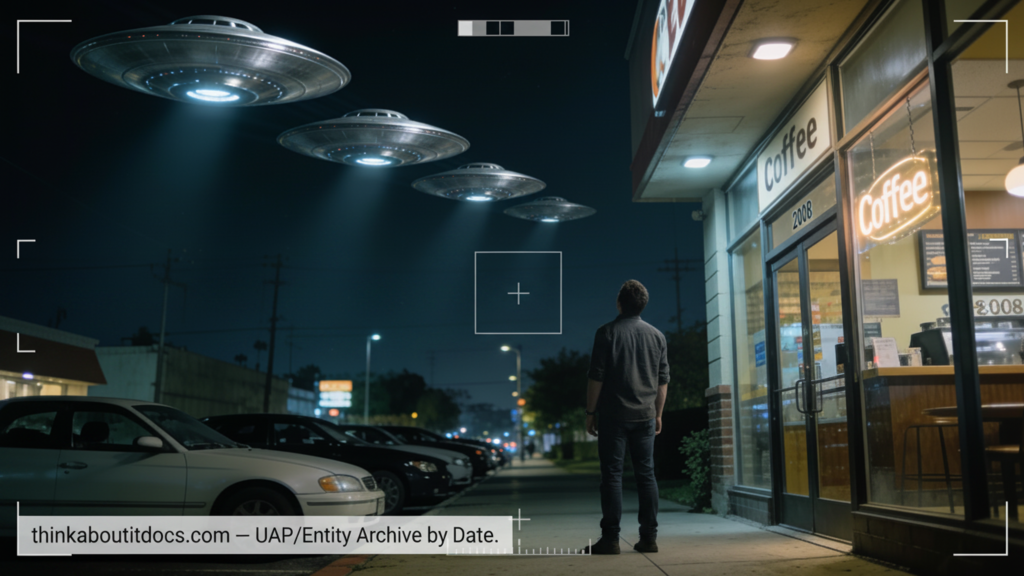 Dossier-style illustration of the 2008 Sacramento, California sighting showing a man outside a coffee shop watching four large silent silver saucers pass low overhead at night