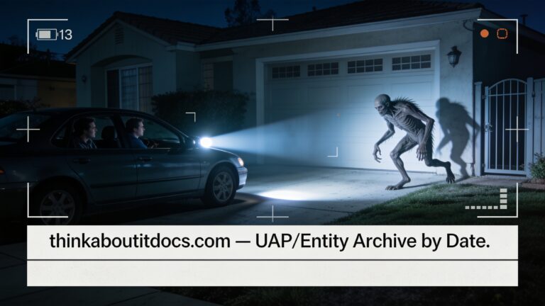 Dossier-style illustration of the 2013 Laguna Niguel, California sighting showing a tall grey hairless creature caught in car headlights near a side gate at night