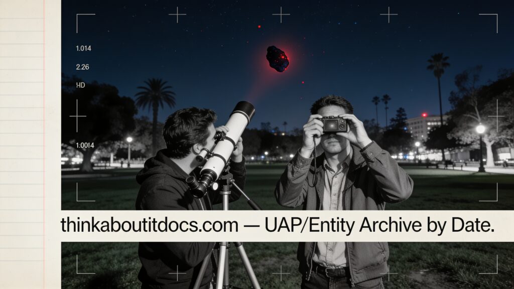 Dossier-style illustration of the 2014 MacArthur Park, Los Angeles sighting showing two people recording a dark irregularly-shaped object with reddish spots through a telescope at night