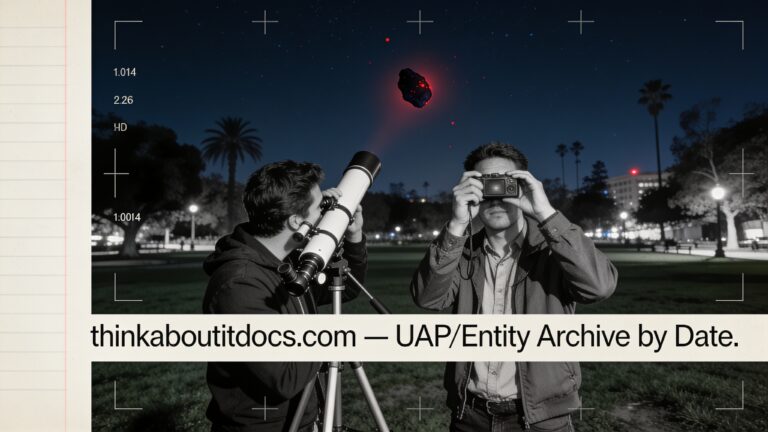 Dossier-style illustration of the 2014 MacArthur Park, Los Angeles sighting showing two people recording a dark irregularly-shaped object with reddish spots through a telescope at night