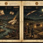 Wide dual-zone intelligence archive illustration depicting the two Alexander the Great flying shields events: left panel shows two large shining silvery circular objects above the panicking Macedonian army at the Jaxartes River in 329 BC with war elephants and cavalry in chaos, right panel shows five shield-shaped objects in triangular formation over the Siege of Tyre in 332 BC with the largest discharging a beam that collapses the city's walls, rendered in deep bronze-black dossier style with antique amber HUD annotations.