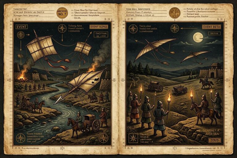 Wide dual-zone intelligence archive illustration depicting the two Alexander the Great flying shields events: left panel shows two large shining silvery circular objects above the panicking Macedonian army at the Jaxartes River in 329 BC with war elephants and cavalry in chaos, right panel shows five shield-shaped objects in triangular formation over the Siege of Tyre in 332 BC with the largest discharging a beam that collapses the city's walls, rendered in deep bronze-black dossier style with antique amber HUD annotations.
