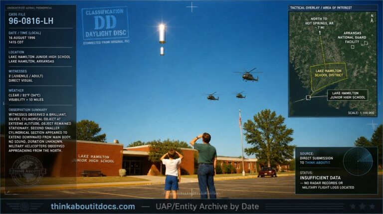 Intelligence-dossier reconstruction of the August 16 1996 Lake Hamilton Arkansas junior-high-school daylight sighting showing a brilliant silver wingless cylinder at extreme altitude with a second cylinder extending from it over a 1990s brick school building while a child and adult look up and three military helicopters approach in triangular formation