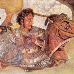 Illustration of Alexander the Great witnessing flying shields UFO encounter in 329 BC.