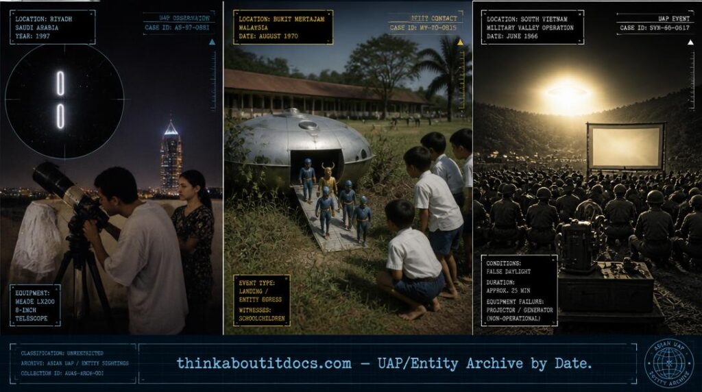 Three-panel dossier collage of Asian UFO sightings: a telescope view of cylindrical lights over Riyadh 1997, tiny uniformed humanoids beside a miniature saucer in Bukit Mertajam 1970, and a blinding light hovering over a Vietnam military valley in 1966