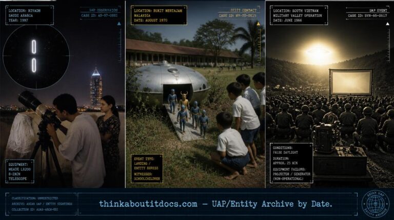 Three-panel dossier collage of Asian UFO sightings: a telescope view of cylindrical lights over Riyadh 1997, tiny uniformed humanoids beside a miniature saucer in Bukit Mertajam 1970, and a blinding light hovering over a Vietnam military valley in 1966