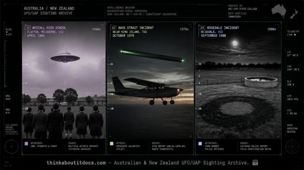 Three-panel archival dossier collage of Australia's most significant UFO cases — the 1966 Westall mass sighting, the 1978 Valentich disappearance over Bass Strait, and the 1980 Rosedale, Victoria close encounter with physical ground trace evidence