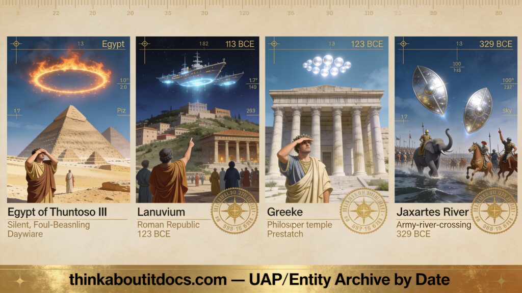 Four-panel dossier collage of ancient B.C.E. UFO and UAP sightings spanning Egypt's Giza plateau, Roman Lanuvium, a Greek temple, and Alexander the Great's Jaxartes River crossing