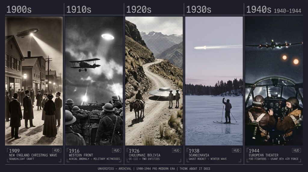 Five-panel period-accurate intelligence dossier collage showing one landmark UFO or entity encounter per decade from 1900 to 1944 — the 1909 New England Christmas airship wave with searchlight craft over a snow-covered town, the 1916 WWI Western Front aerial disc observed by trench soldiers, the 1926 Chulumani Bolivia CE-III with two humanoid entities beside a landed disc, the 1938 Scandinavian ghost rocket over a frozen winter lake, and the 1944 WWII Foo Fighters keeping pace with a USAAF B-17 over occupied Europe