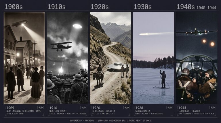 Five-panel period-accurate intelligence dossier collage showing one landmark UFO or entity encounter per decade from 1900 to 1944 — the 1909 New England Christmas airship wave with searchlight craft over a snow-covered town, the 1916 WWI Western Front aerial disc observed by trench soldiers, the 1926 Chulumani Bolivia CE-III with two humanoid entities beside a landed disc, the 1938 Scandinavian ghost rocket over a frozen winter lake, and the 1944 WWII Foo Fighters keeping pace with a USAAF B-17 over occupied Europe