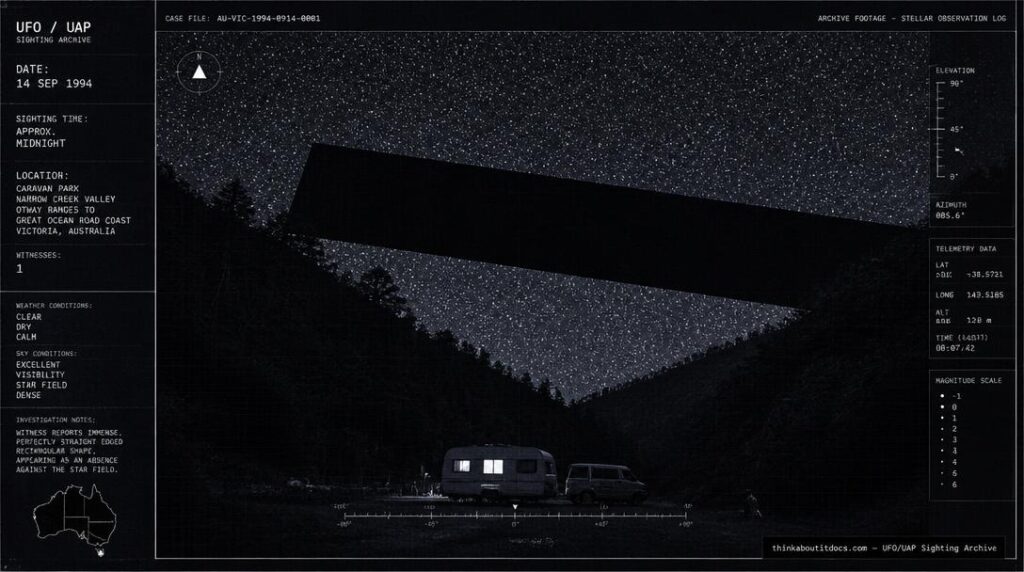 Illustration of the 1994 Great Ocean Road, Victoria UFO sighting showing an immense black rectangular shape blocking out stars over a forested valley at night