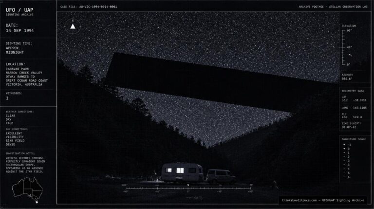Illustration of the 1994 Great Ocean Road, Victoria UFO sighting showing an immense black rectangular shape blocking out stars over a forested valley at night