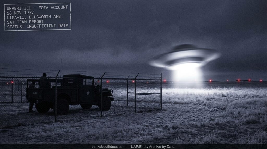 Dossier-style illustration of a saucer-shaped object with a bright white underside rising from a Minuteman missile site at Ellsworth AFB, South Dakota, November 1977, as two USAF security personnel watch from their truck.