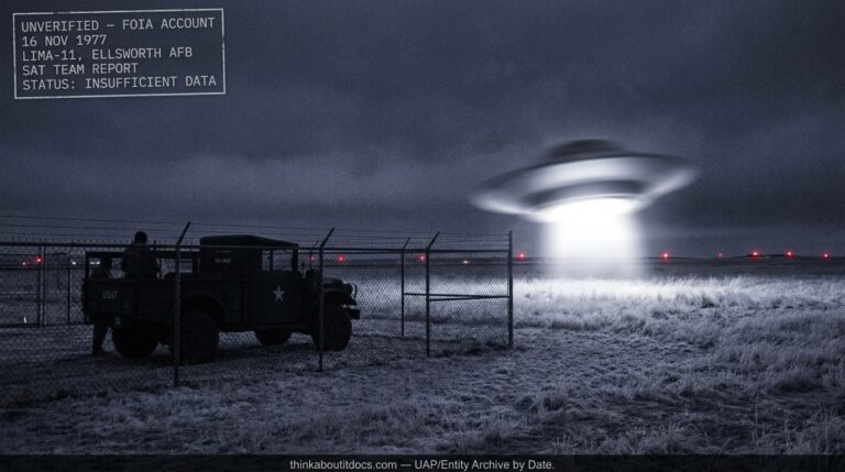 Dossier-style illustration of a saucer-shaped object with a bright white underside rising from a Minuteman missile site at Ellsworth AFB, South Dakota, November 1977, as two USAF security personnel watch from their truck.