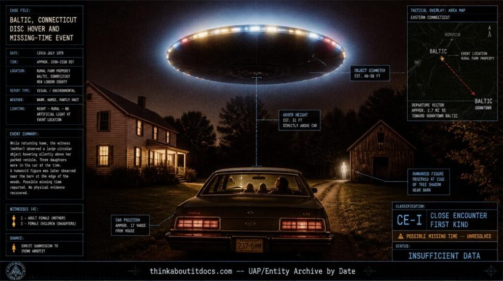 Intelligence-dossier reconstruction of the circa 1979 Baltic Connecticut disc-hover and missing-time event showing a massive dark circular craft with cycling rim lights and a pale blue aura hovering 31 feet above a late-1970s sedan in the unlit driveway of a rural New England farm while children crouch inside and a faint glowing whitish figure stands near the barn at the edge of the woods