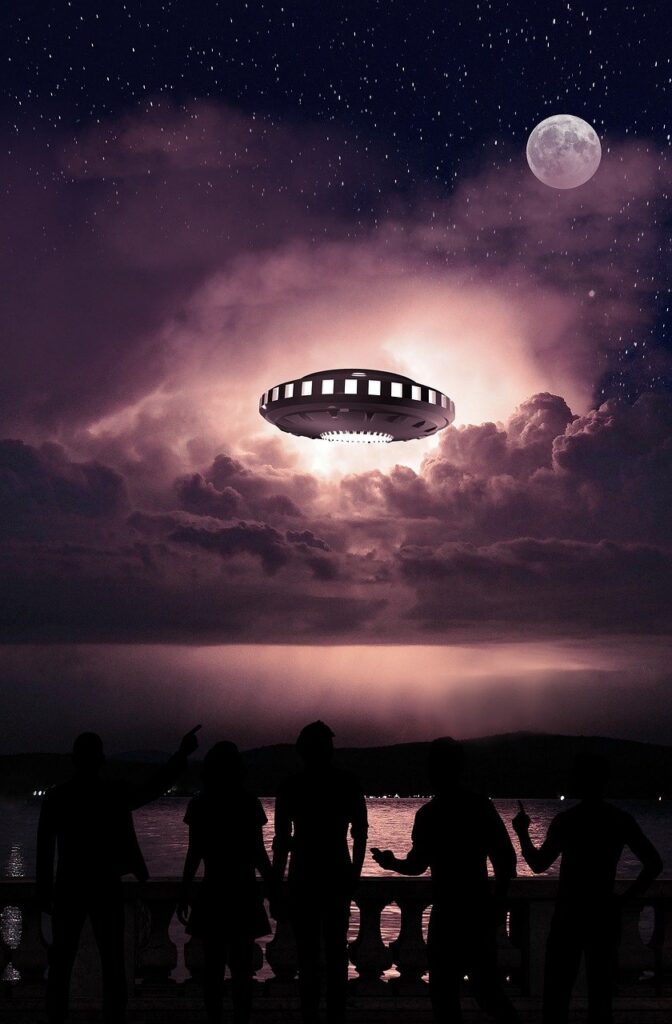 science fiction, flying saucer, ufo, aliens, contact, observation, nature, astonishment, people, crowd, night, sky, moon, stars, night sky, phone wallpaper, avalon art-6848925.jpg