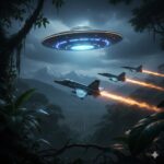 UFO sighting illustration with military jet pursuit South America
