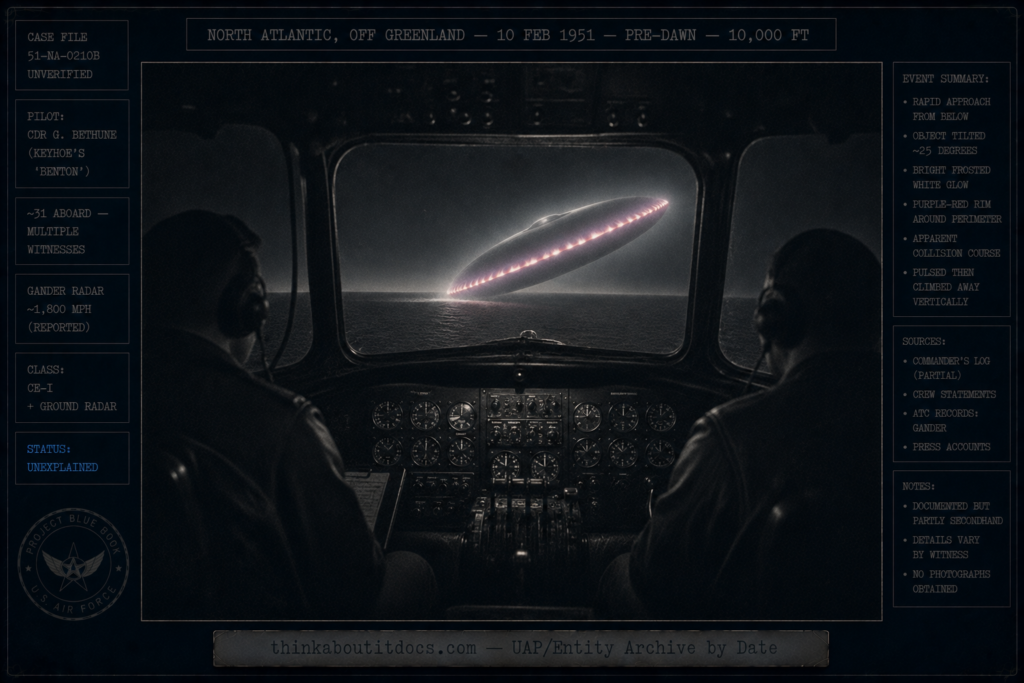 Dossier-style pre-dawn cockpit view from a Navy R5D over the North Atlantic showing two pilots and a 200–300 foot glowing saucer with a purple-red rim rising from the ocean on a collision course, marked Bethune, multiple witnesses, CE-I, Unexplained