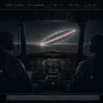 Dossier-style pre-dawn cockpit view from a Navy R5D over the North Atlantic showing two pilots and a 200–300 foot glowing saucer with a purple-red rim rising from the ocean on a collision course, marked Bethune, multiple witnesses, CE-I, Unexplained