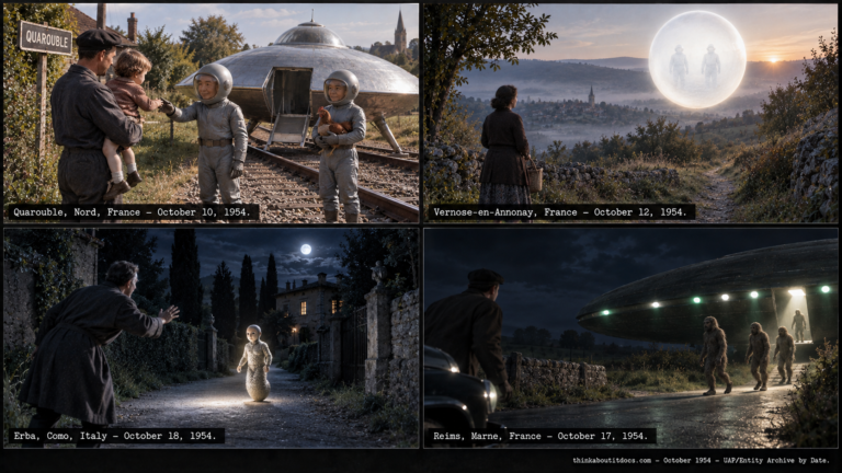 Four-panel collage of mid-October 1954 UFO sightings: the second Quarouble encounter, the Vernose-en-Annonay sighting, the Erba Como Italy creature encounter, and the Reims France entity sighting