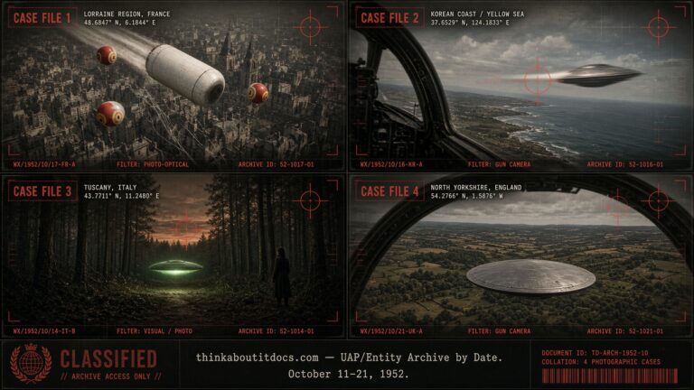 Collage of mid-October 1952 UFO sightings including the Oloron France Angel Hair case and a Korean-theater jet disc encounter