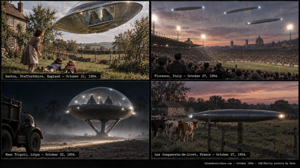 Four-panel collage of late October 1954 UFO sightings: the Ranton Staffordshire Roestenberg encounter, the Florence Italy stadium sighting, the Tripoli Libya occupant encounter, and the Jonquerets-de-Livet France sighting