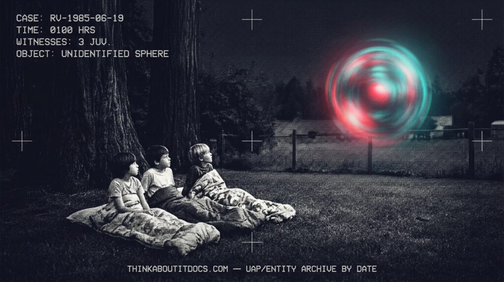 Dossier-style illustration of the 1985 Redwood Valley, California sighting showing three children in sleeping bags watching a glowing red and blue-green spherical object hovering below treetops