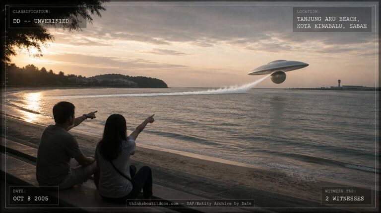 A grey-white, ball-bottomed craft emerging from the sea into flight near Kota Kinabalu, Sabah, Malaysia, October 2005