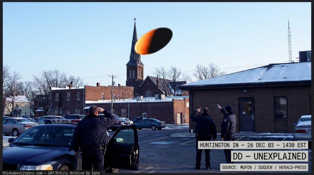 Dossier-style reconstruction of the December 2003 Huntington Indiana DD showing a tumbling circular disc half black and half bright orange hovering near a Catholic church steeple while three police officers watch from a parking lot