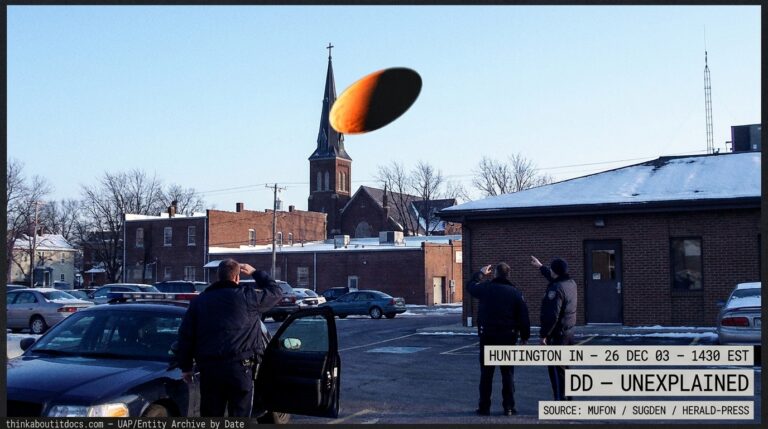 Dossier-style reconstruction of the December 2003 Huntington Indiana DD showing a tumbling circular disc half black and half bright orange hovering near a Catholic church steeple while three police officers watch from a parking lot