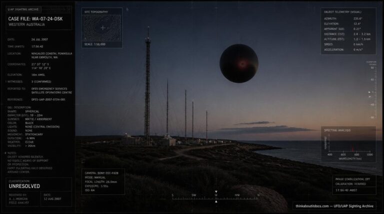 Illustration of the 1973 North-West Cape UFO sighting showing a black spherical object hovering silently near a US naval communications tower array at dusk