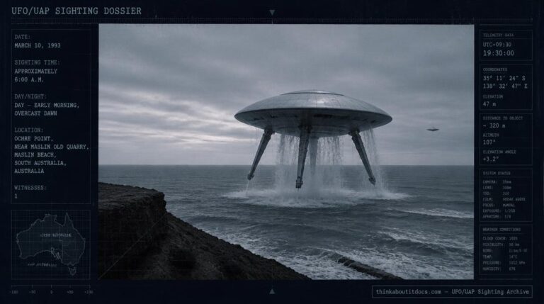 Illustration of the 1993 Maslin Beach, South Australia UFO photo case showing a grey disc-shaped object rising from the ocean with water streaming from its hull