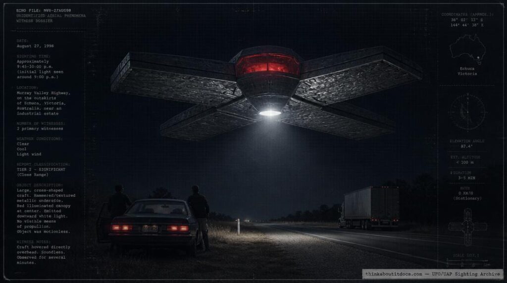 Illustration of the 1998 Echuca, Victoria UFO sighting showing a huge cross-shaped object with a hammer-beaten metallic underside hovering above a highway near a car and semi-trailer